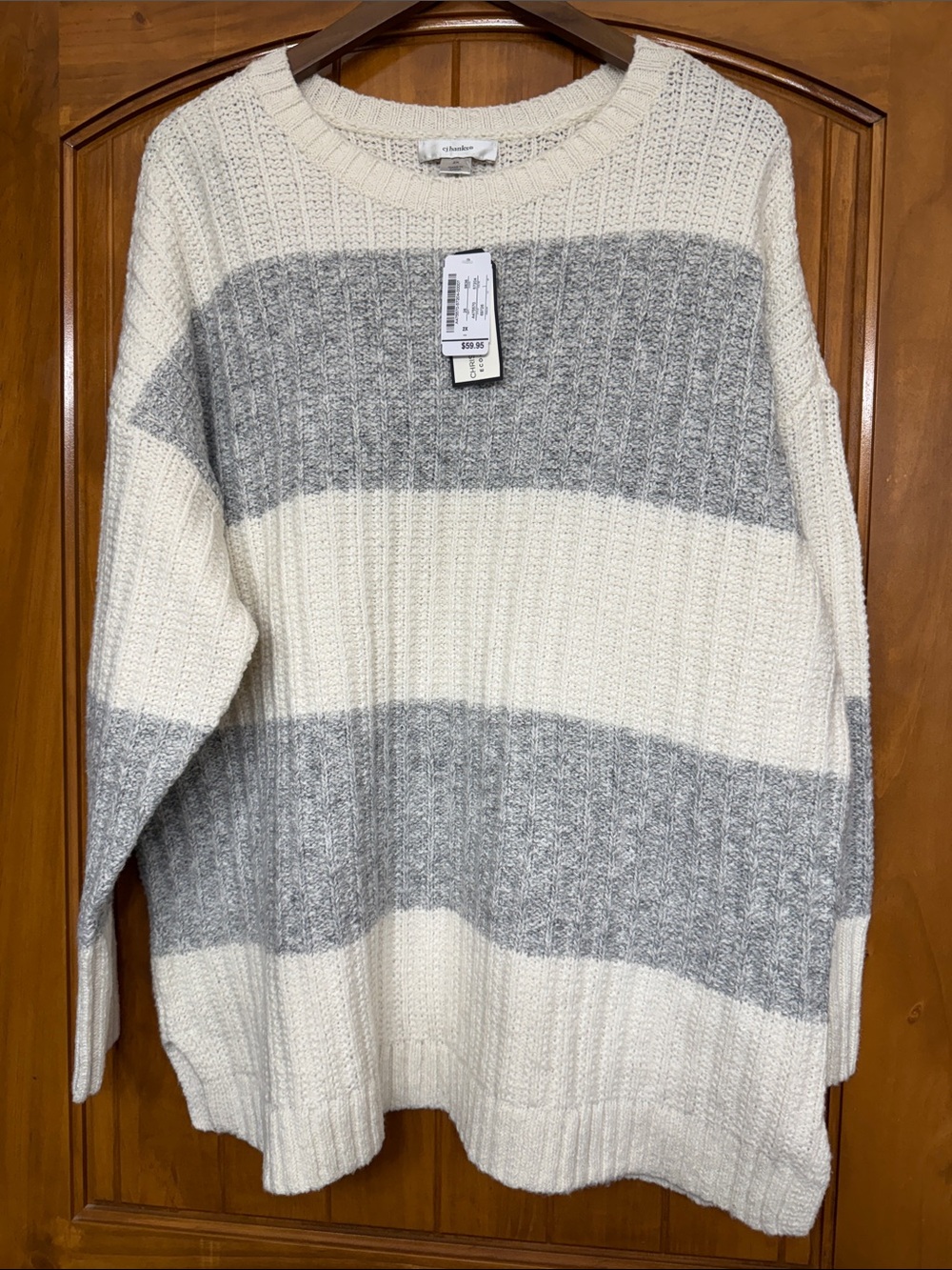 CJ Banks Crewneck Sweater in White and Gray Stripes